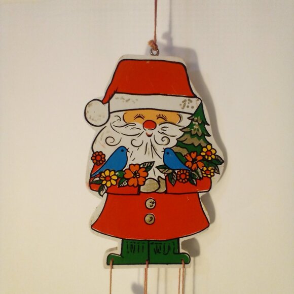 Vintage Wind Chime Christmas Santa Claus Wood Red Green - Picture 4 of 13